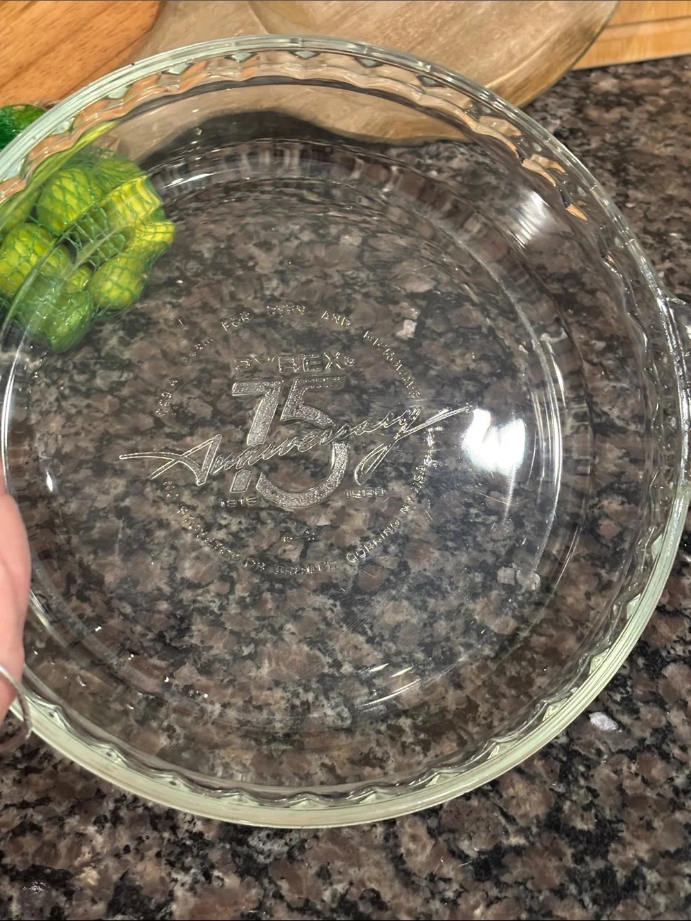 Pyrex Clear Glass Pie Plate with Embossed 75th Anniversary Design